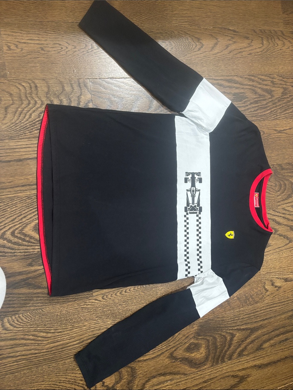 Ferrari Black & White Long Sleeve Tee with Red Trim